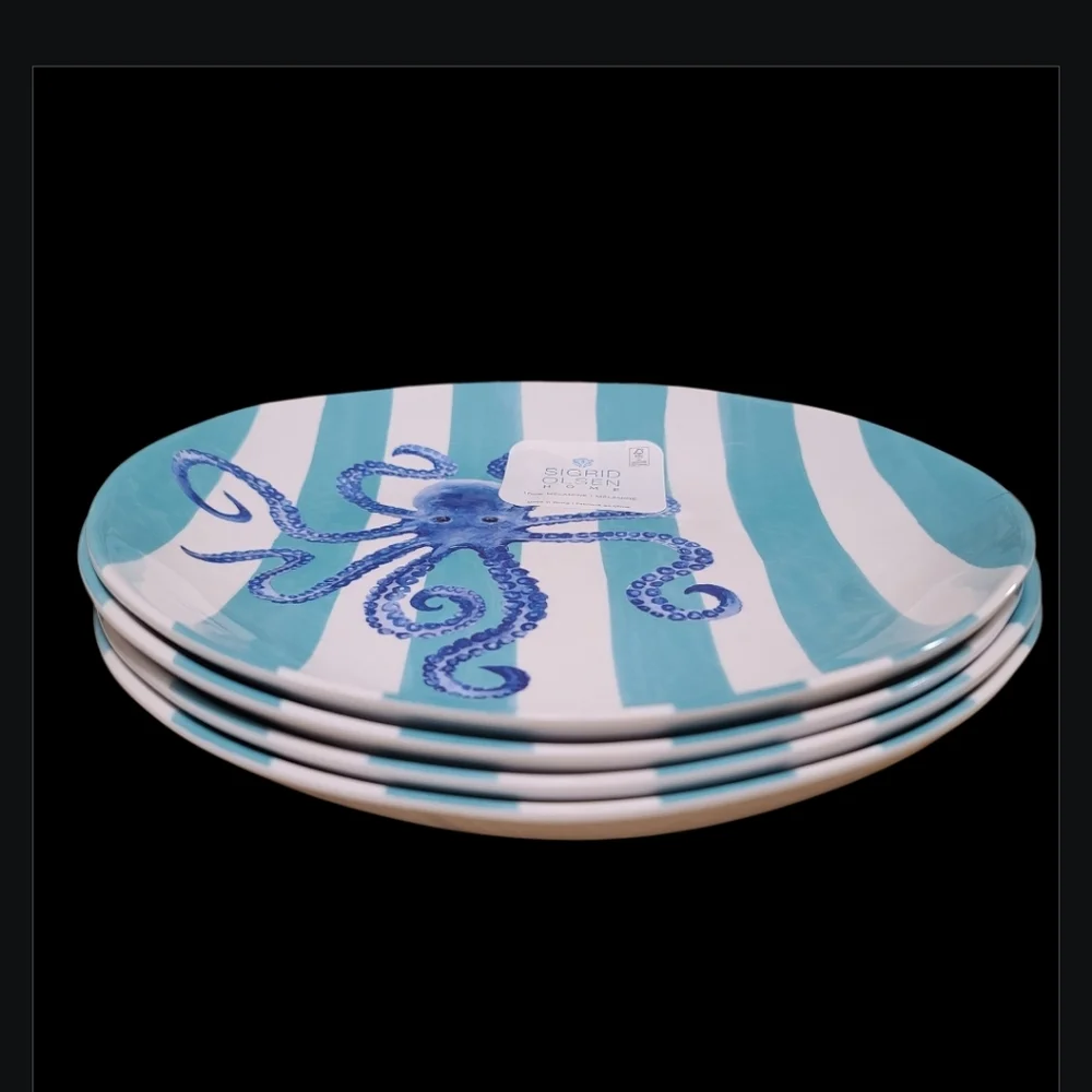 8pc Sigrid Olsen Blue Octopus Cabana Stripe Melamine Dinner Plate & Bowl Set New